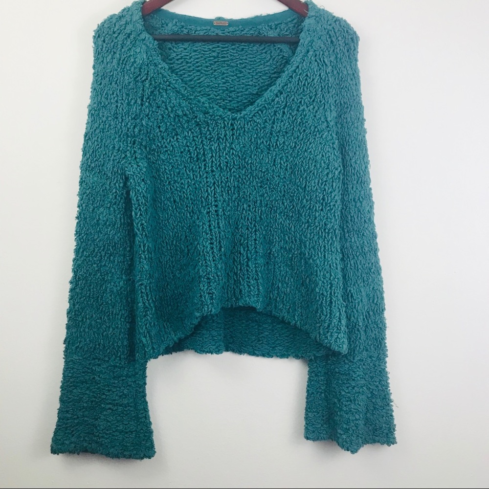 Free People Teal Cozy Textured V-Neck Sweater